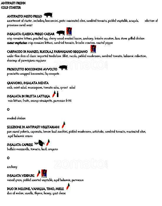 Prego The Westin Menu, Menu for Prego The Westin, Hitech City