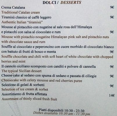 Menu di Elyxr Bar Milano 