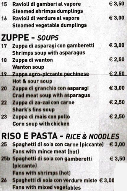 Menu di Stella d'Oriente 