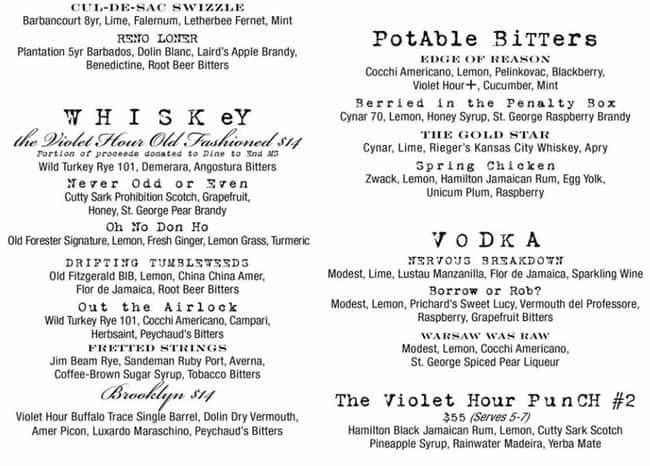 Violet Hour Chicago Menu