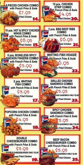 crown fried chicken and coffee shop menu
