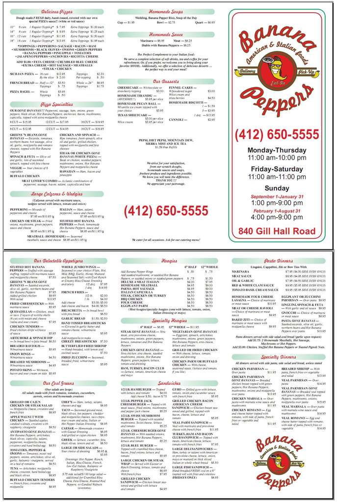 Banana Peppers Pizzeria Menu, Menu for Banana Peppers Pizzeria