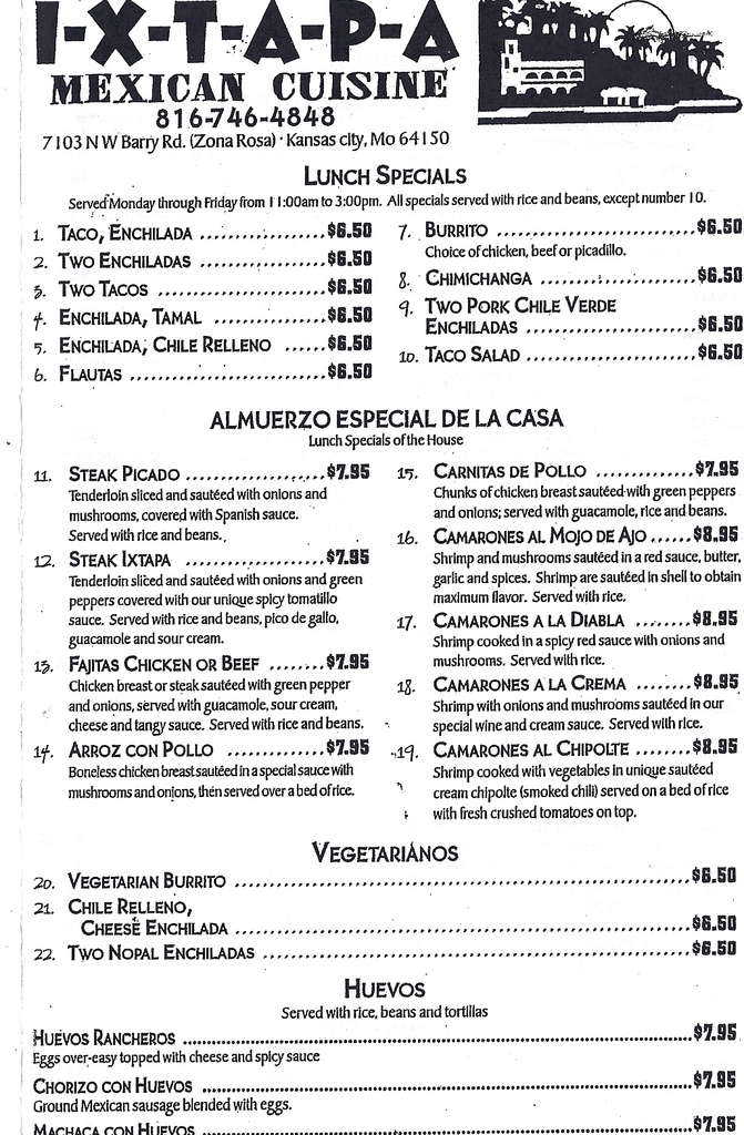 Ixtapa Mexican Cuisine Menu, Menu for Ixtapa Mexican Cuisine, Zona Rosa