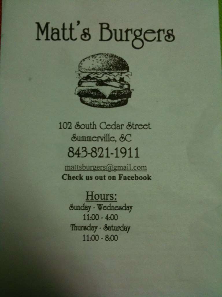 Matt's Burgers Menu, Menu for Matt's Burgers, Summerville, Charleston