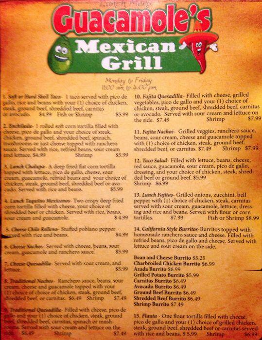 Guacamole's Menu, Menu for Guacamole's, Gastonia, Charlotte