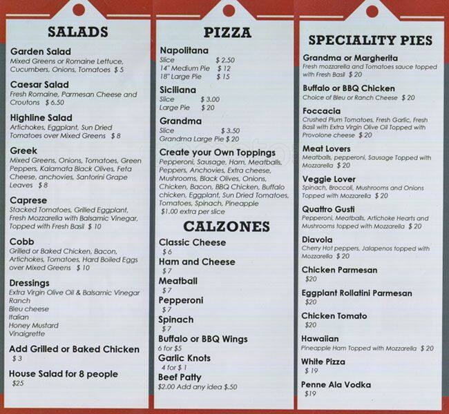 Highline Pizzeria Menu, Menu for Highline Pizzeria, Chelsea, Manhattan, New York City