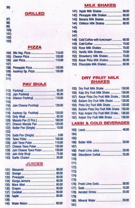 Aashray menu