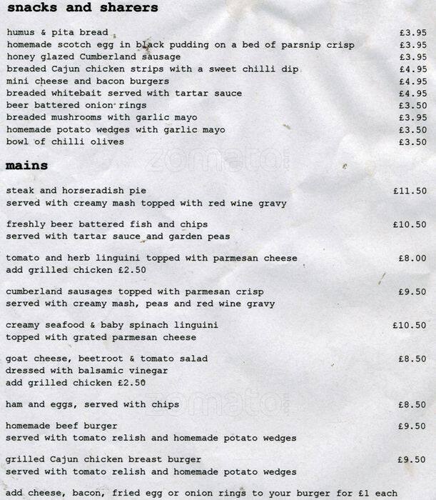 The Prince Albert Menu, Menu for The Prince Albert, Peckham, London