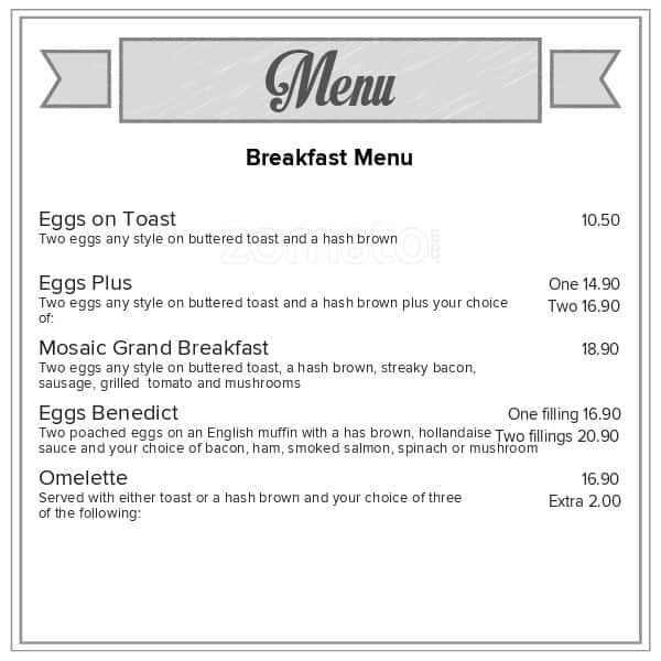 Menu at Cafe Mosaic, Christchurch, Barrington Mall 21/256 Barrington St