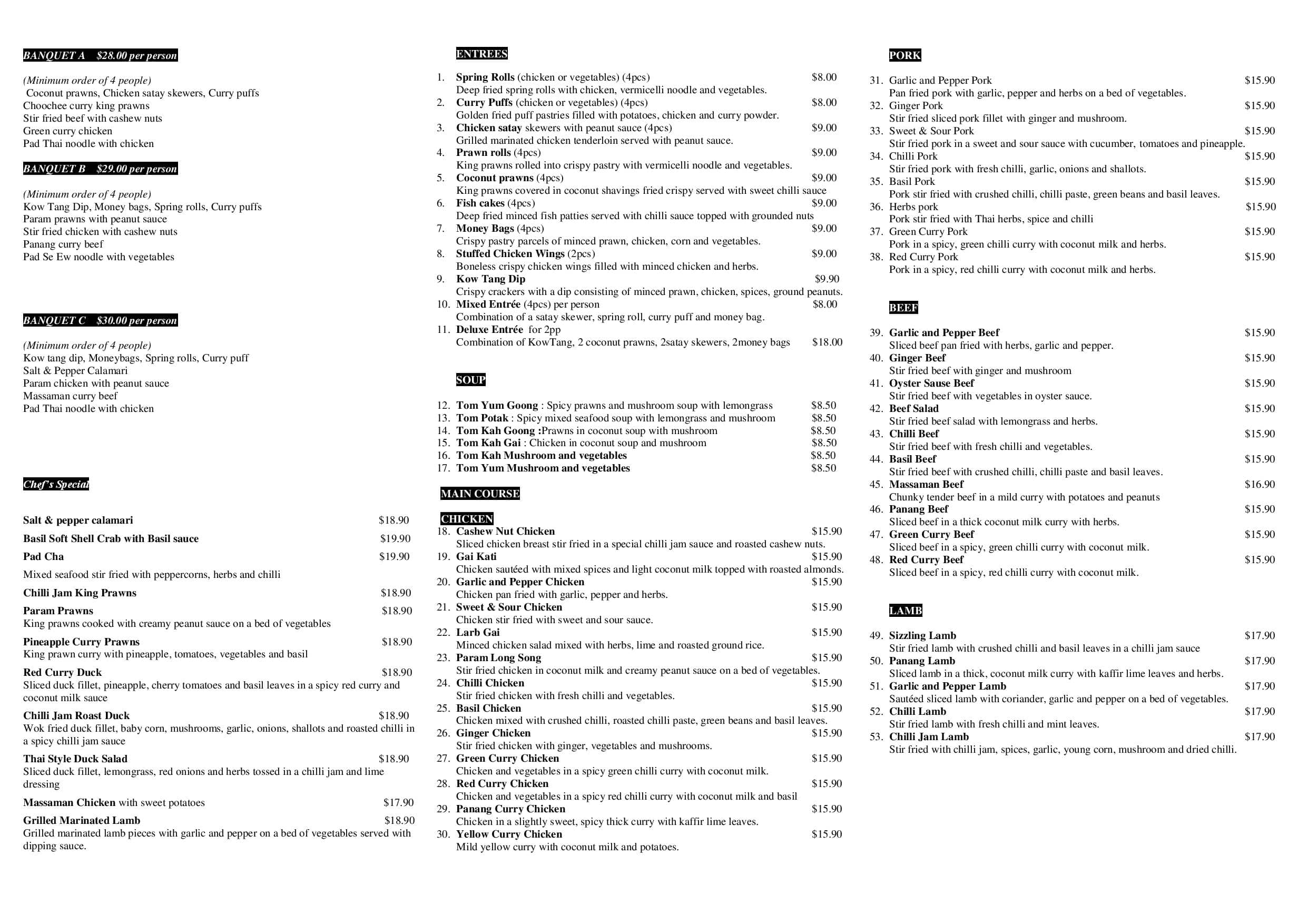 Menu of Thai Bay, Caringbah, Sydney