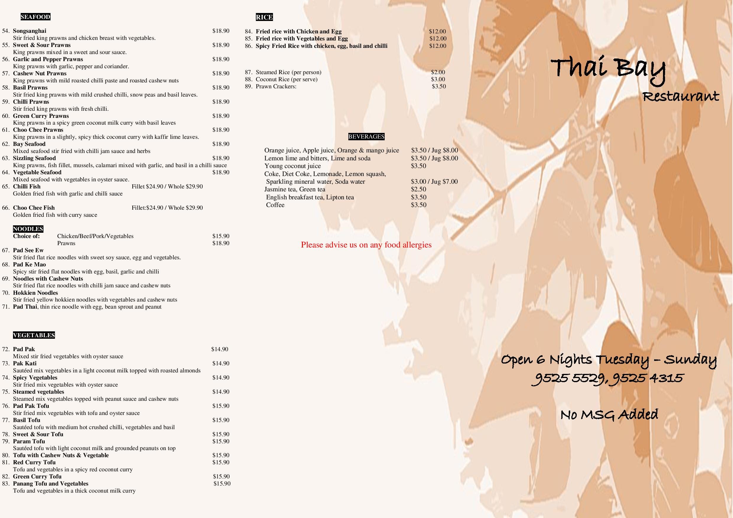 Menu at Thai Bay restaurant, Caringbah