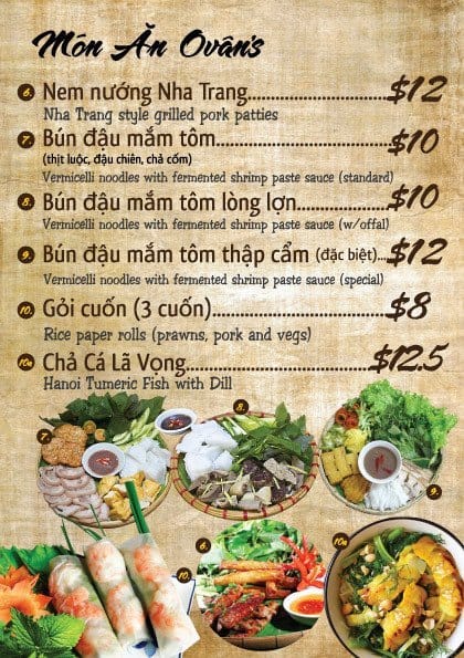 Menu at OVan's authentic Vietnamese Street Food restaurant, Footscray