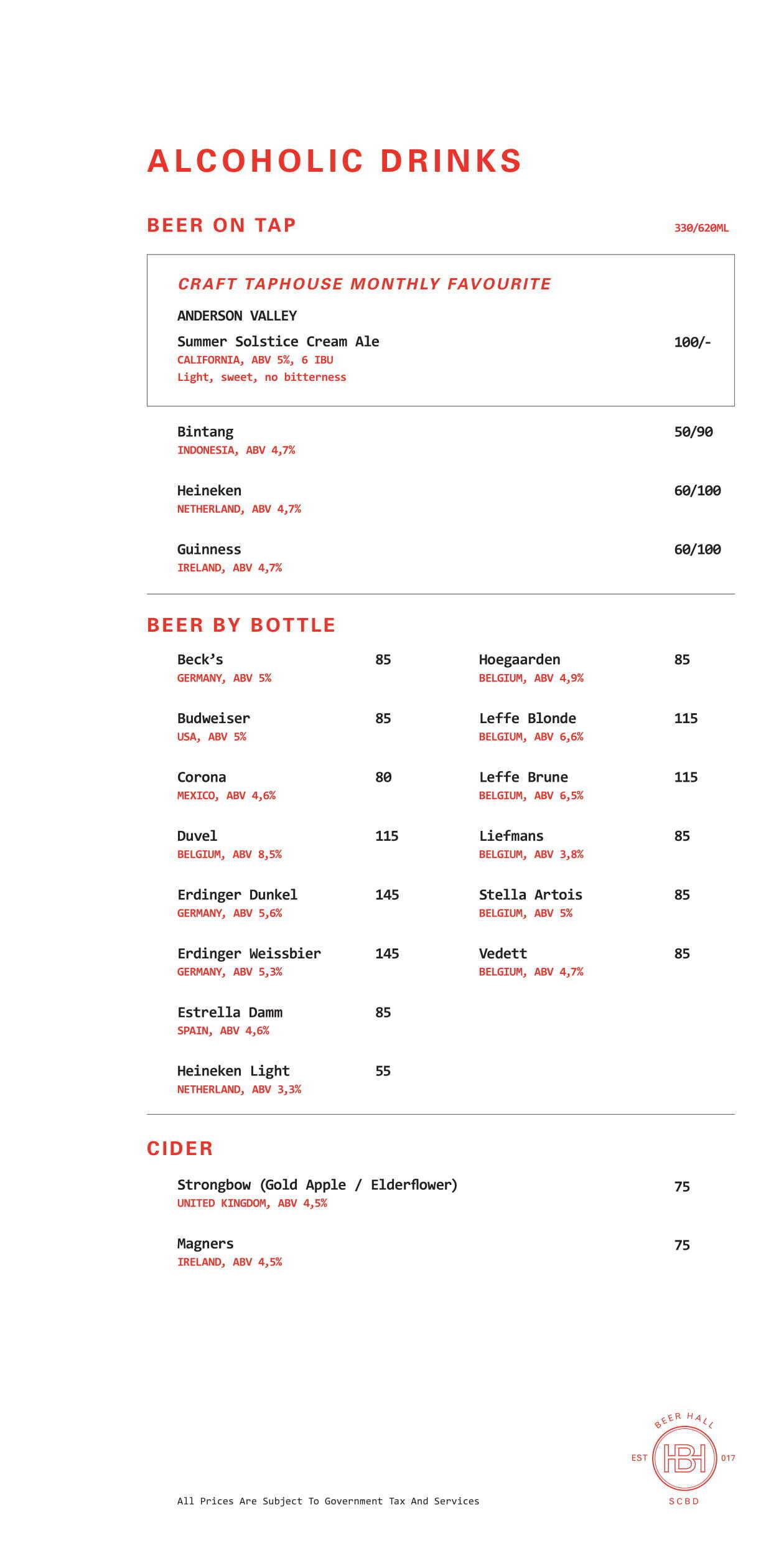 BEER HALL Menu, Menu untuk BEER HALL, SCBD, Jakarta Zomato Indonesia