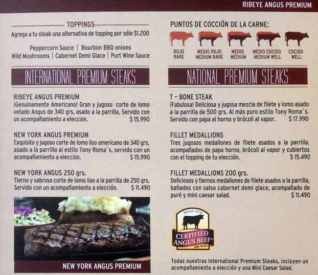 Tony Roma's menu