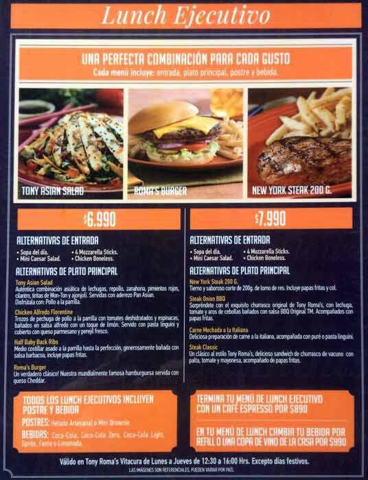 Tony Roma's menu