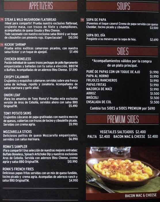 Tony Roma's menu