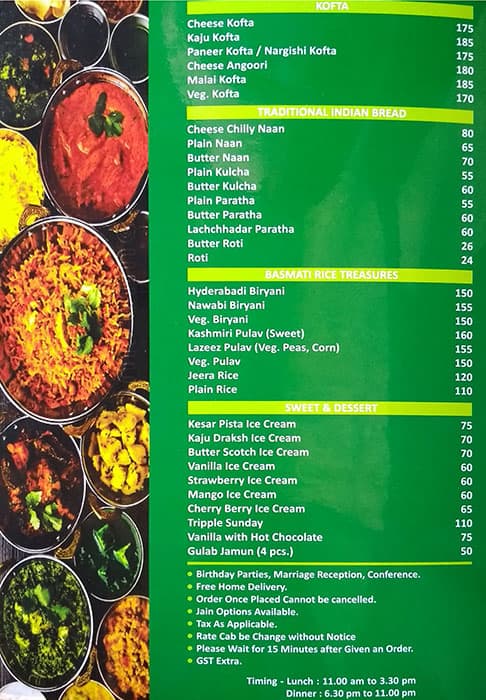 One Ten Restaurant menu