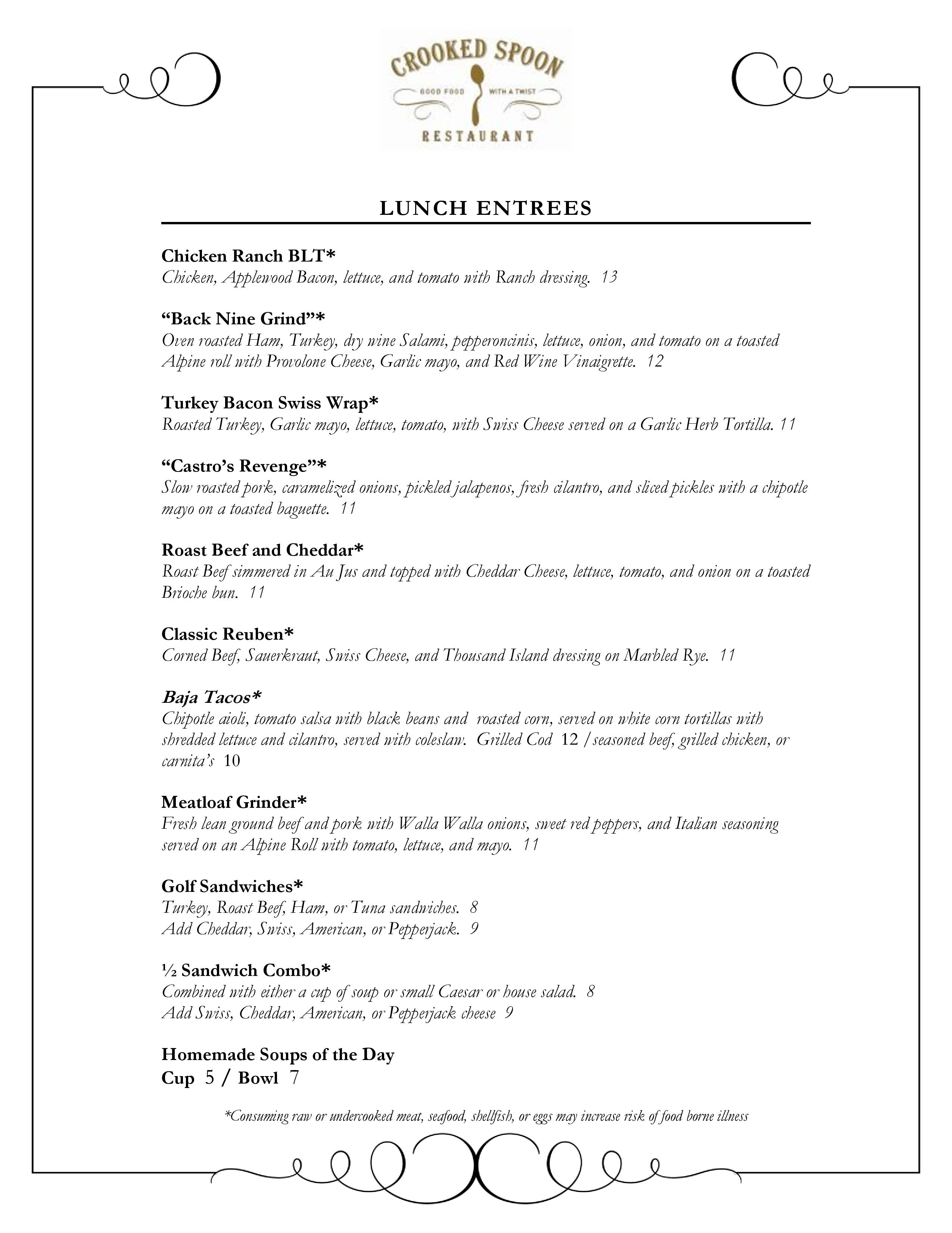 Menu at Crooked Spoon cafe, Redmond