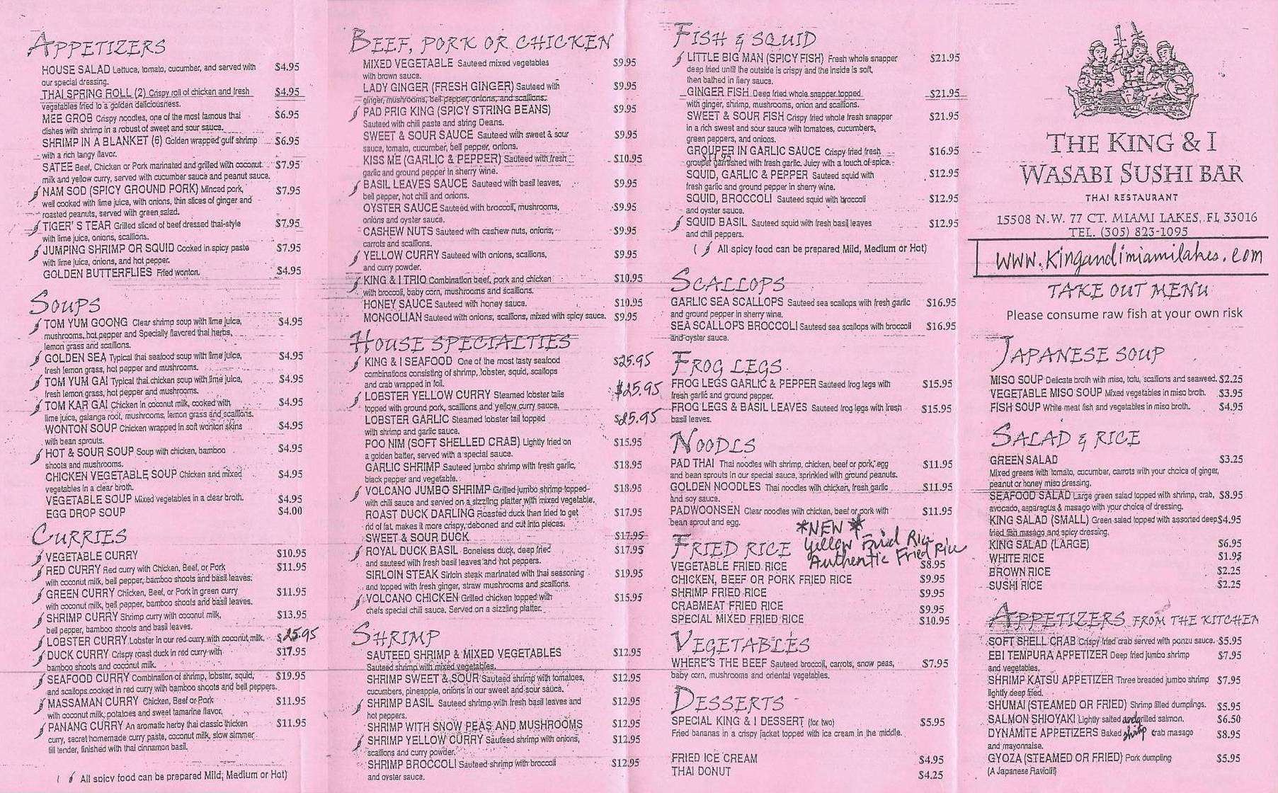 Menu At King And I Thai Restaurant Miami Lakes The Restaurant Information Including King And I Thai Menu Items Prices May Have Been Modified Since Last Website Update