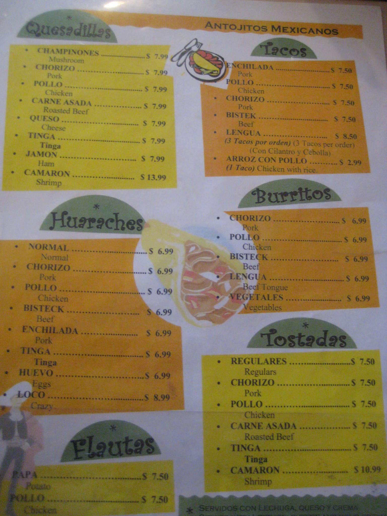 Menu at Los Mariachis restaurant, Baltimore