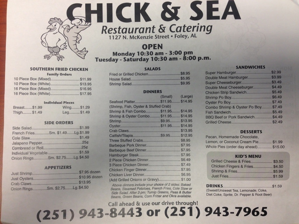 Chick Sea Foods Menu Menu For Chick Sea Foods Foley Mobile Bay