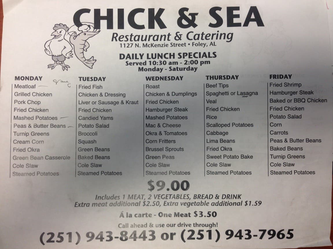 Menu at Chick & Sea Foods restaurant, Foley