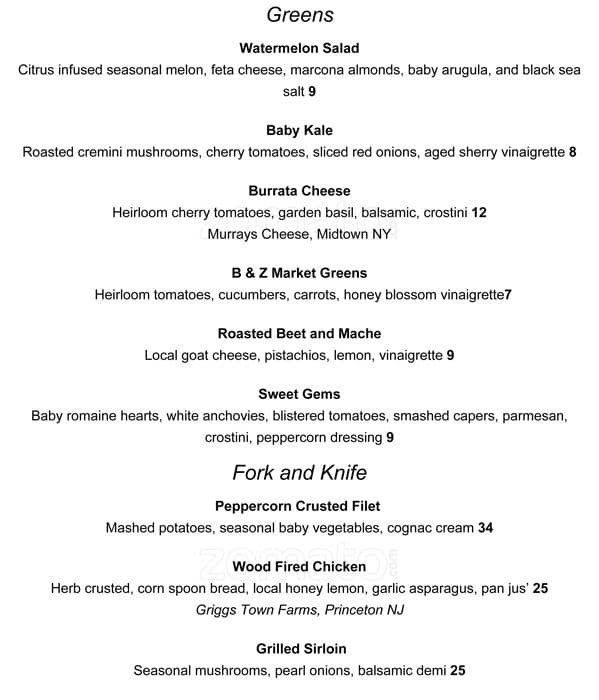 Menu at Booker & Zinc pub & bar, Bridgewater