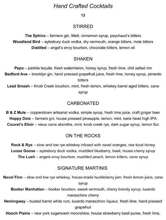 Menu at Booker & Zinc pub & bar, Bridgewater