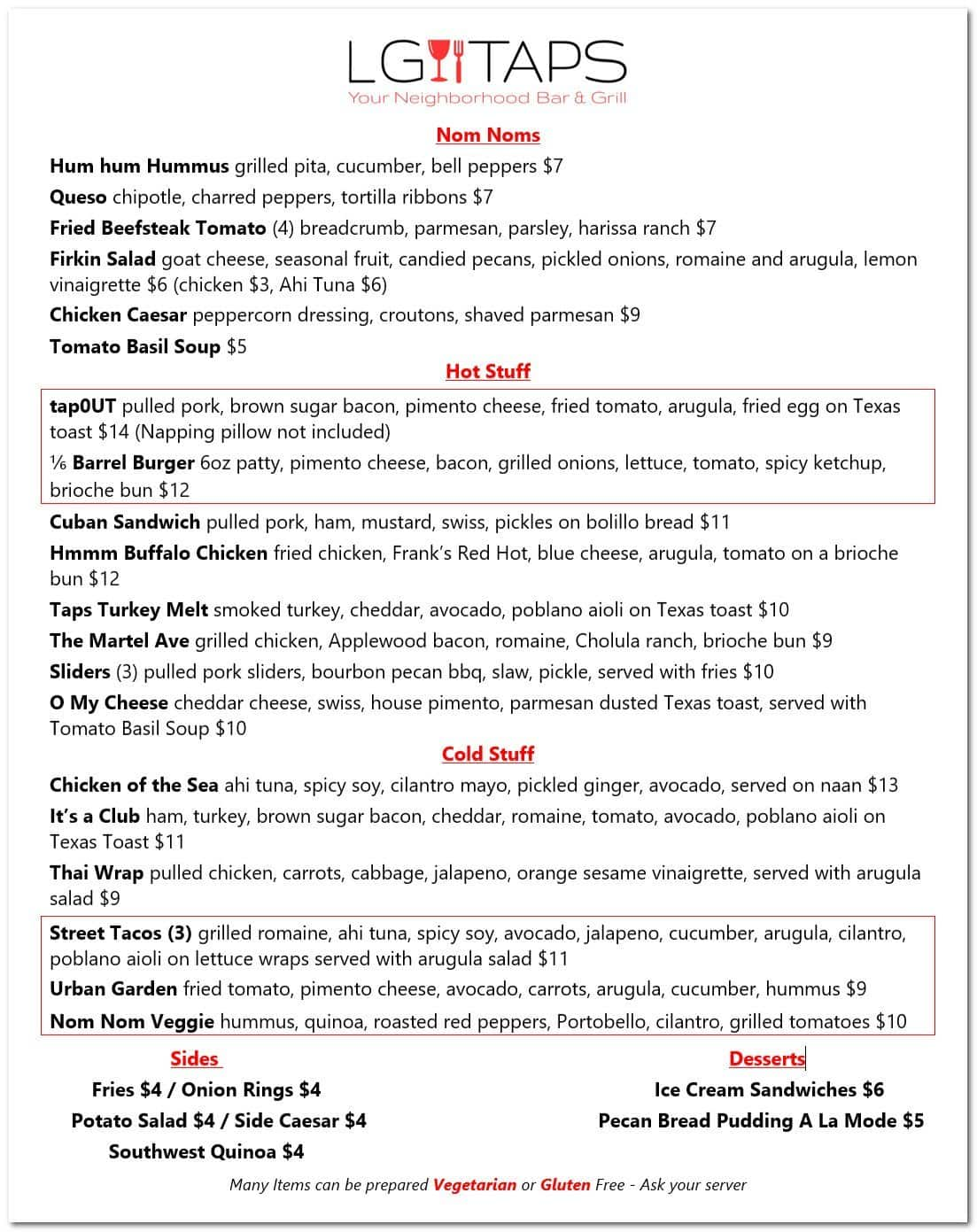 LG Taps Menu, Menu for LG Taps, Lower Greenville, Dallas - Urbanspoon ...