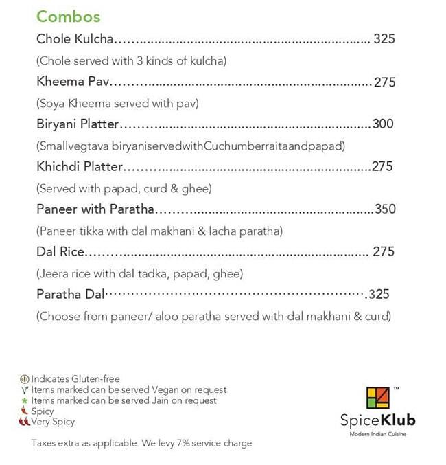 SpiceKlub Kolkata menu