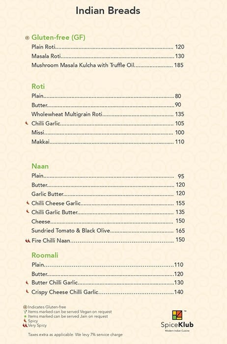 SpiceKlub Kolkata menu