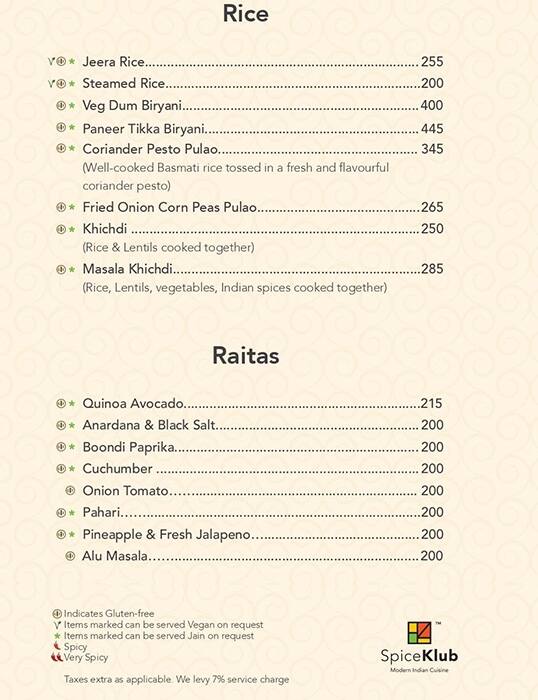 SpiceKlub Kolkata menu