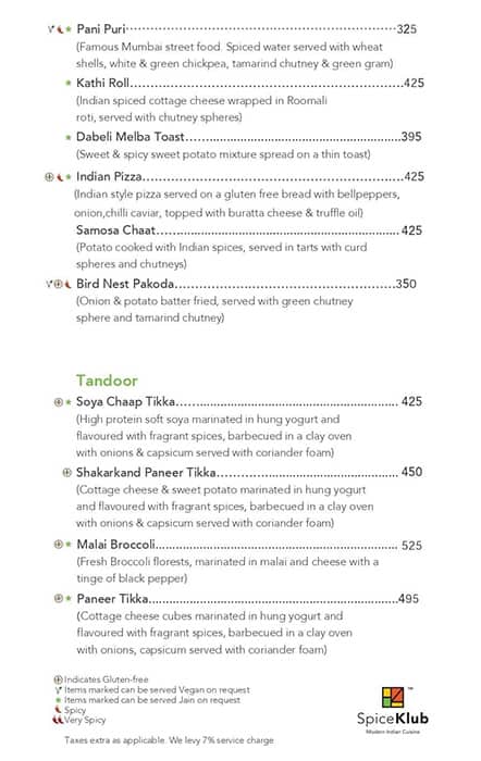 SpiceKlub Kolkata menu