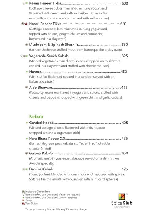 SpiceKlub Kolkata menu