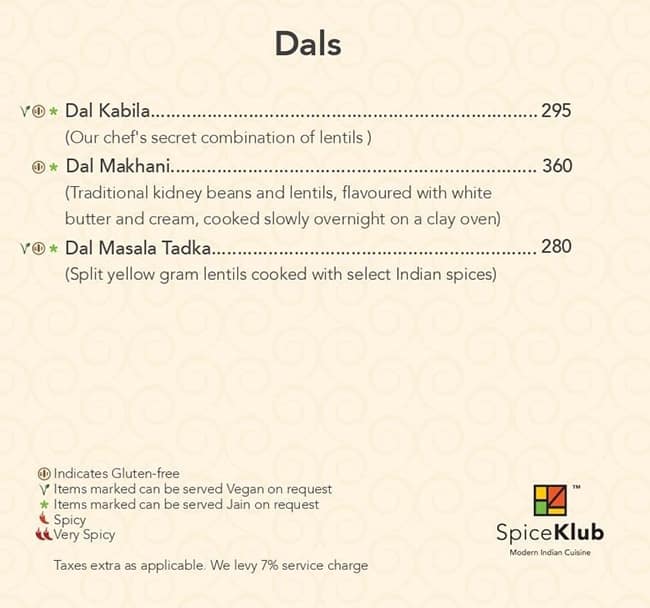 SpiceKlub Kolkata menu
