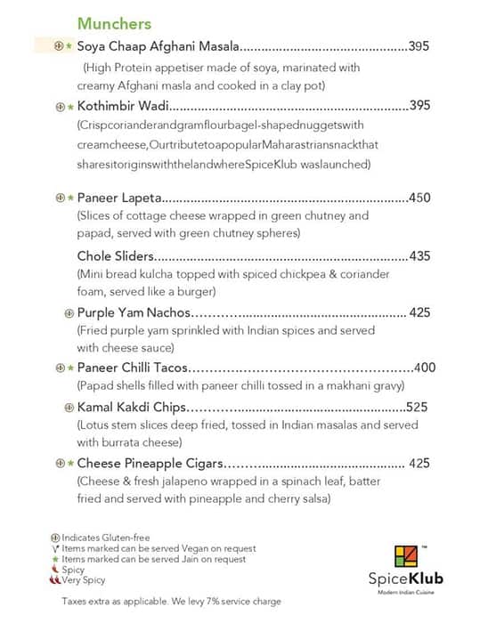 SpiceKlub Kolkata menu