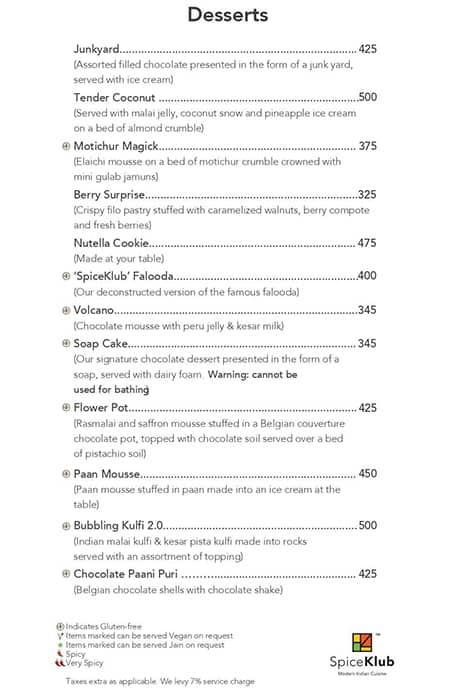 SpiceKlub Kolkata menu