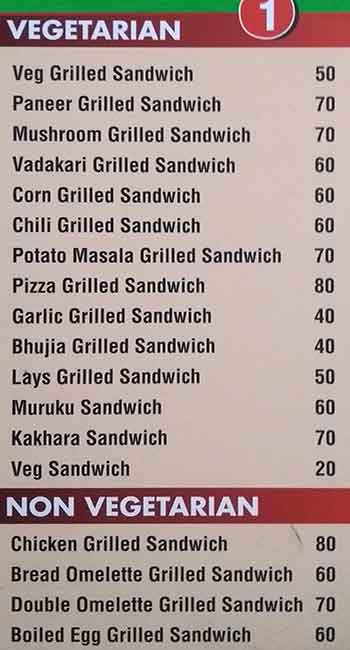 sandwich menu list