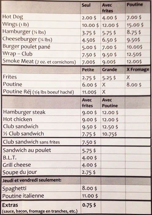 Menu de Taverne Montcalm