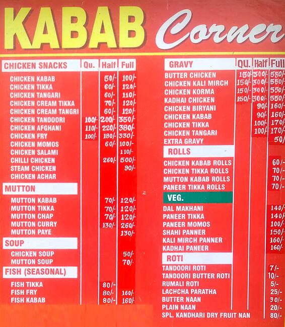 Menu at Kabab Corner, Meerut, Delhi Rd