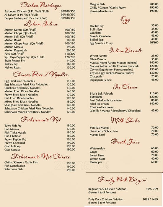 Bilal Restaurant menu