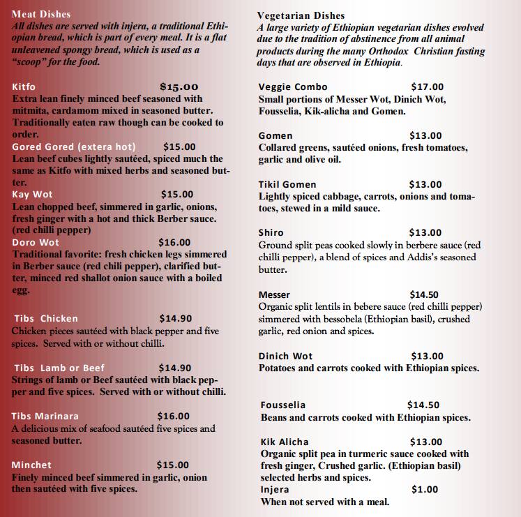 Carta de Abyssinian Restaurant
