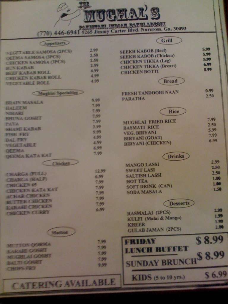 Menu at Mughals restaurant, Norcross, Jimmy Carter Blvd
