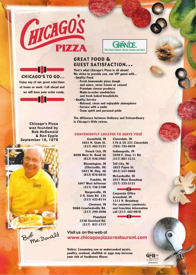 Menu at Chicago's Pizza pizzeria, French Lick