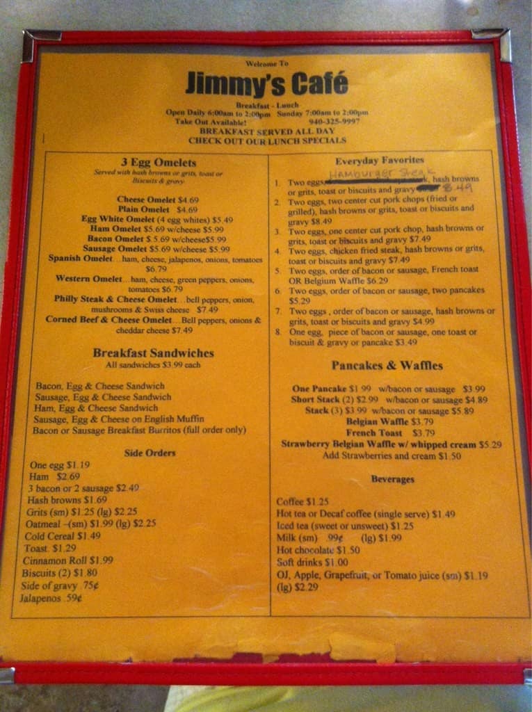 Menu at Jimmys Cafe, Mineral Wells