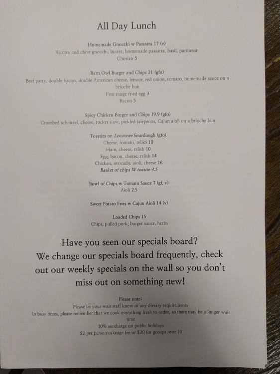 Menu At The Barn Owl Silvan
