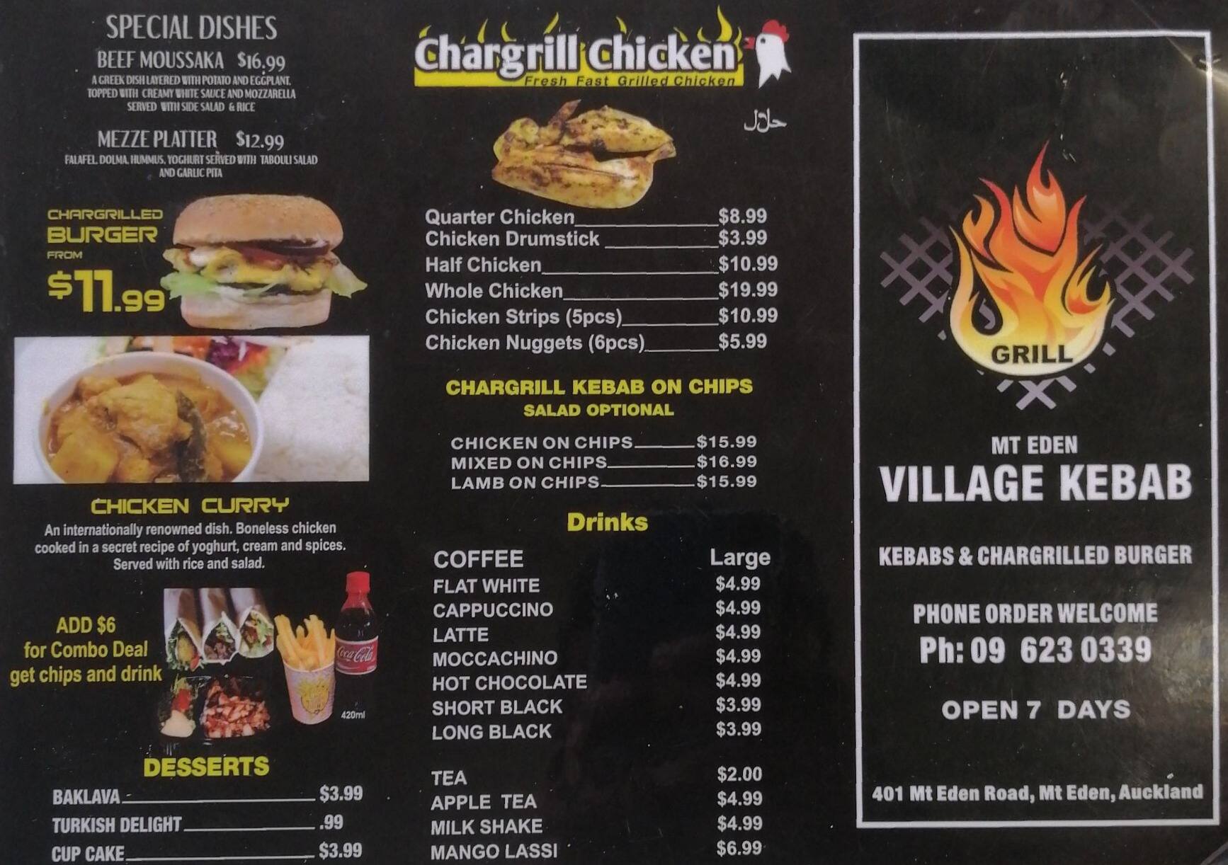Menu at Mt Eden Village Kebab restaurant, Auckland
