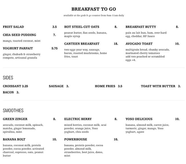 Menu at O&B Canteen restaurant, Toronto