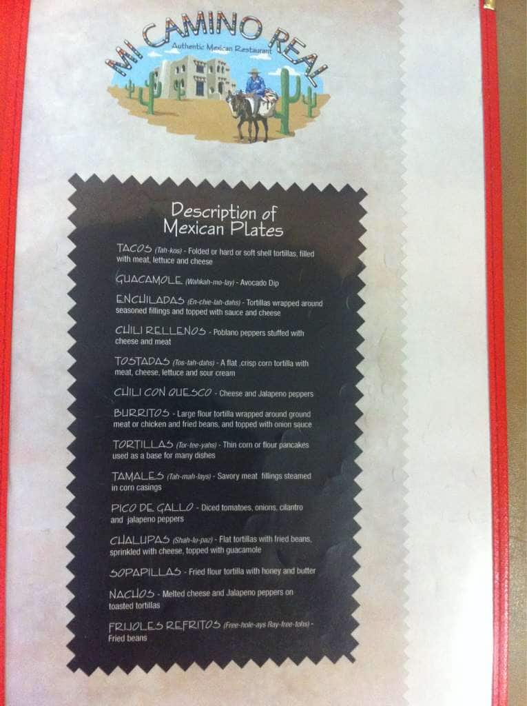 Menu at Mi Camino Real restaurant, Mount Orab, 137 North Point Dr