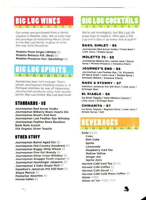 Menu at Big Lug Canteen pub & bar, Indianapolis